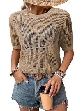 Women Khaki Summer Short Hollow Out Floral Sweaters Beach Vacation Cruise Tops